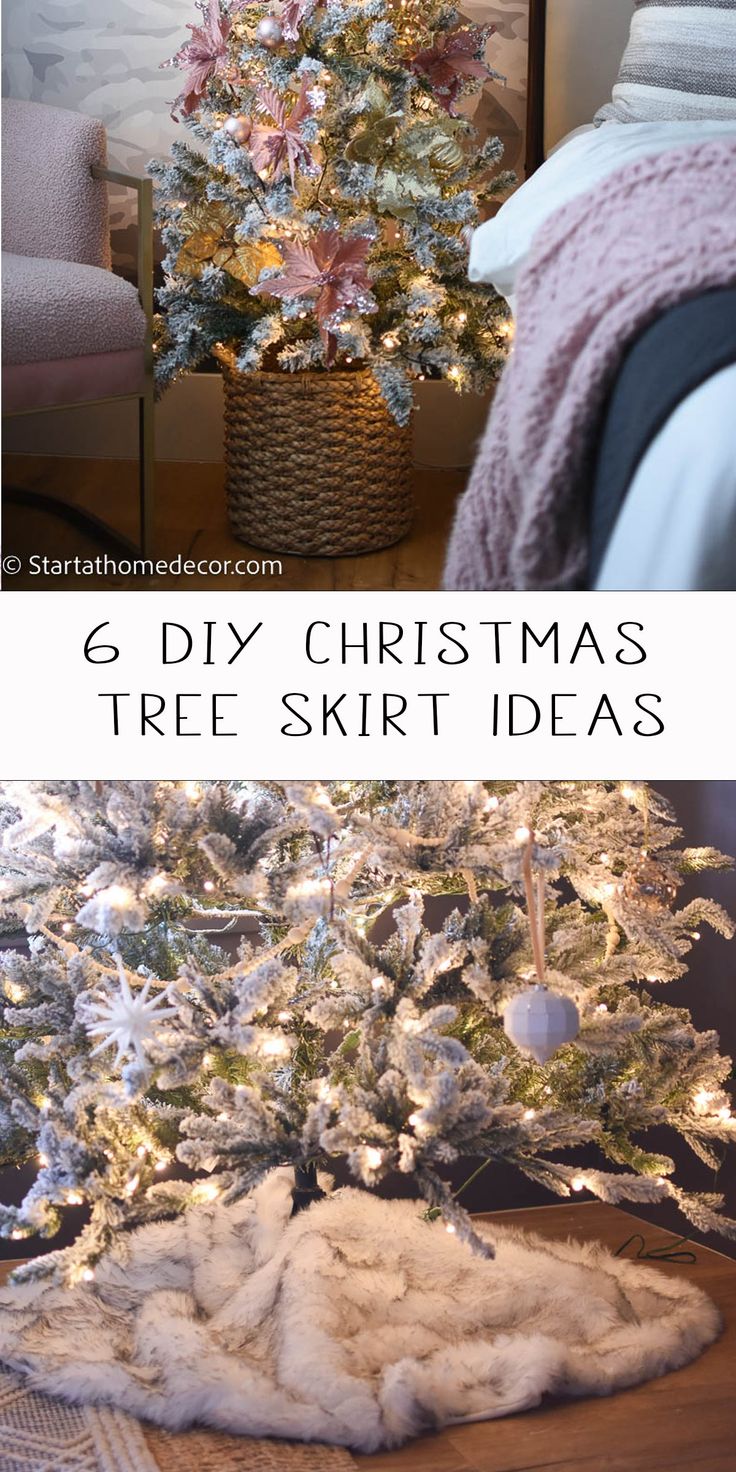 a white christmas tree with pink and silver ornaments on it in front of a bed