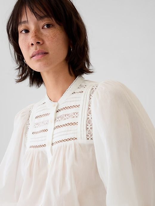 Lace-Trim Shirt | Gap Shirt With Lace Trim, Lace Trim Blouse, Dressing Gown Robe, Occasion Dresses Wedding, Beachwear Skirt, Sun With Sunglasses, Denim Coat Jacket, Wedding Guest Dress Summer, Long Puff Sleeves