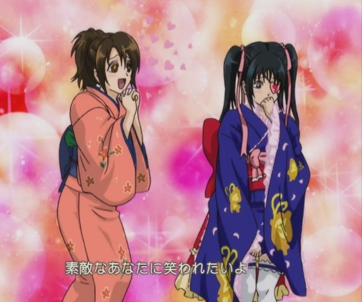 two women in kimonos standing next to each other on a pink and purple background