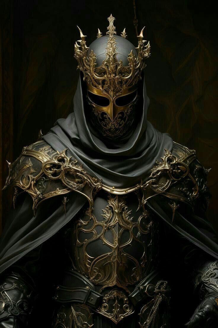 a man dressed in black and gold armor