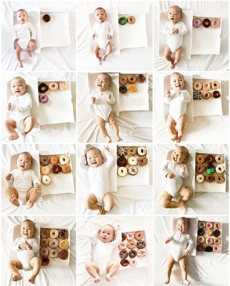 a collage of baby pictures with donuts and doughnuts on them in different positions