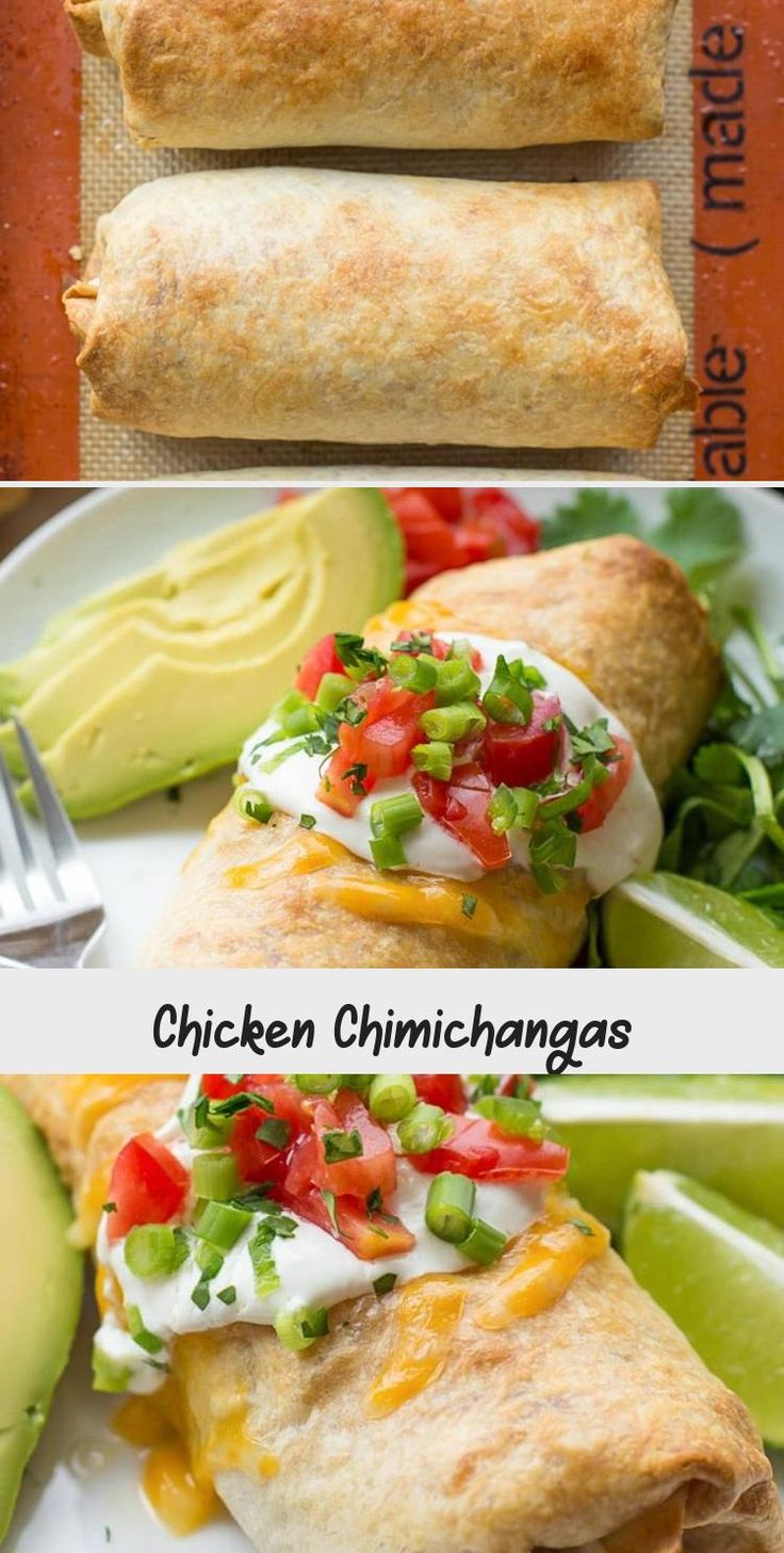 three different views of food that includes chicken, cheese and avocado on the side