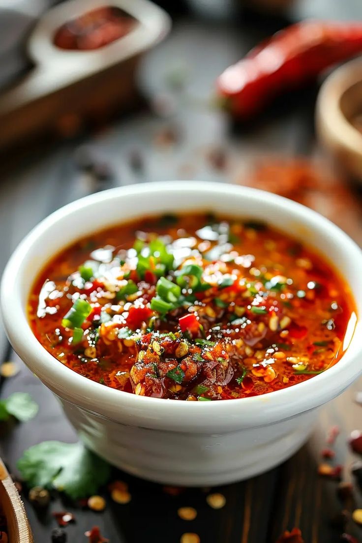 a white bowl filled with soup on top of a wooden table