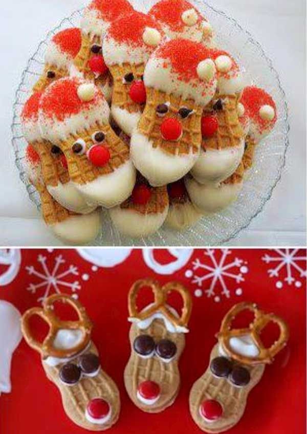 christmas treats are arranged in the shape of santa's shoes and reindeers on display