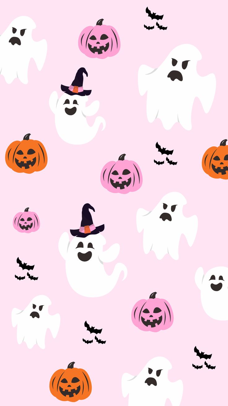 a pink background with halloween pumpkins and ghost faces