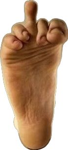 a person's foot with one hand up in the air and two fingers out