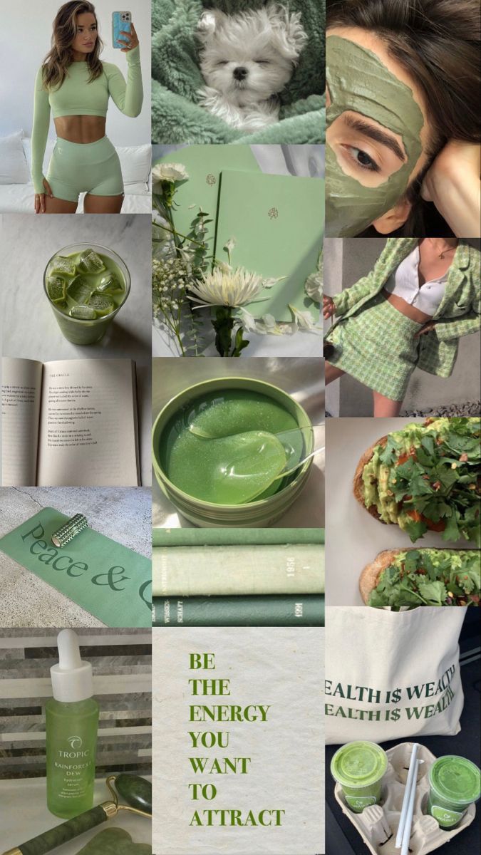 the collage has green items in it and there is a woman with her face mask on