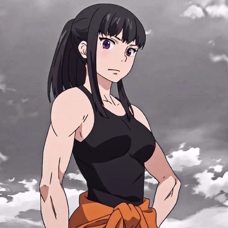 a woman with long black hair standing in front of the sky wearing an orange skirt