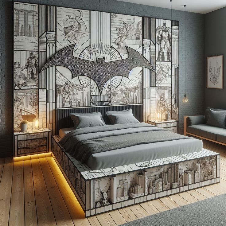 a batman themed bedroom with wood floors and gray walls, along with a large bed