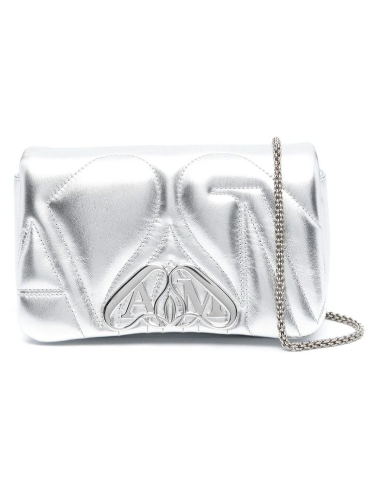 1BL0I1400 ALEXANDER MCQUEEN ALEXANDER MCQUEEN BAGS.. SILVER Metallic Leather Bag, Tone Calves, Alexander Mcqueen Bag, Trendy Shoulder Bag, Metallic Bag, Bag Light, Logo Stamp, Embossed Logo, Thom Browne