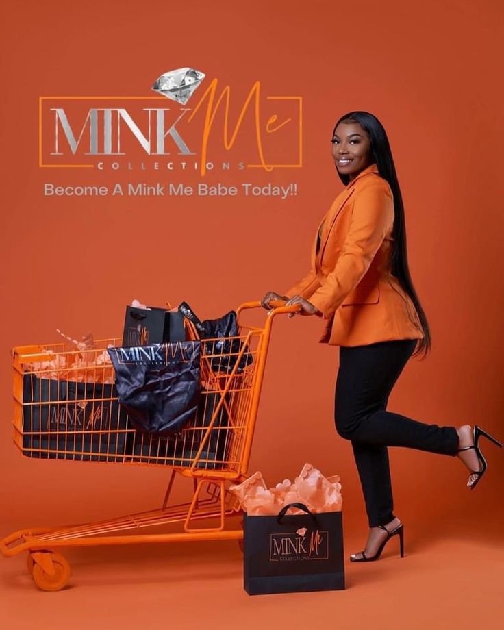 a woman pushing a shopping cart with bags in it and the words mink me written on