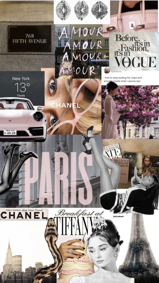 the collage shows many different types of fashion and accessories in black and white, including pink