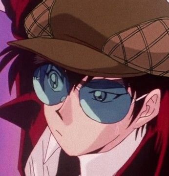 an anime character with red hair and blue eyes wearing a fedora, looking at the camera