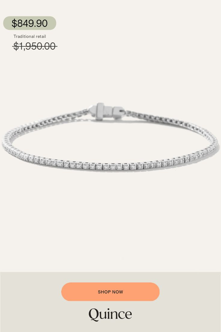 Crafted with care and precision, this delicate tennis bracelet design is sure to complement any outfit or occasion. The secure clasp ensures that the bracelet stays on, providing peace of mind and allowing you to wear it with confidence. Style solo for a minimalist aesthetic or layer up with other bracelets for the perfect stack.  | Quince | Women's 14K Gold Diamond Tennis Bracelet in White Gold, Size 6.5" Diamond Tennis Bracelet, Bracelet Design, Tennis Bracelet Diamond, Minimalist Aesthetic, Tennis Bracelet, Quince, Bracelet Designs, Peace Of Mind, Gold Diamond