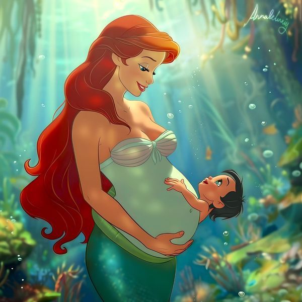 the little mermaid is holding her pregnant child