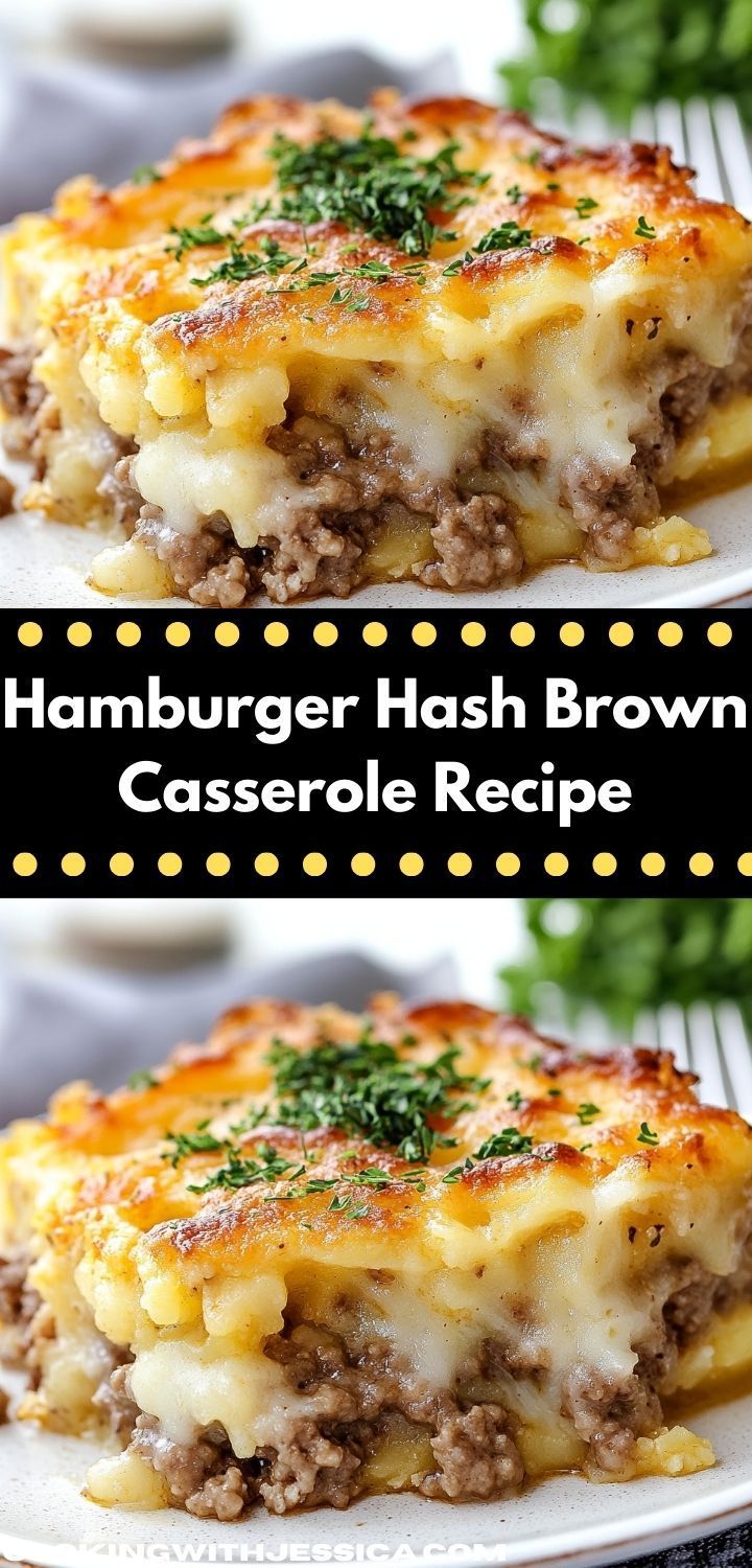 hamburger hashbrown casserole recipe on a white plate