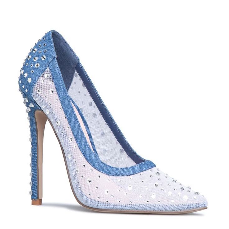 A Slip-On Embellished Mesh Pointed-Toe Pump With A 4.75��”Stiletto Heel. Glamorous Light Blue Heels For Party, Blue Embellished Heels For Special Events, Blue Glitter Heels For Evening, Light Blue Pointed Toe Heels For Evening, Elegant Blue Heels With Rhinestones, Blue Party Heels With Rhinestones, Blue Glitter Evening Heels, Light Blue Pointed Toe Heels In Synthetic, Blue Pointed Toe Heels With Rhinestones