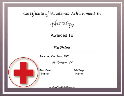 an award certificate for nursing with a red cross on the front and white border around it