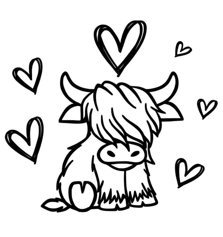 a black and white drawing of a cow with hearts on it's head, sitting in