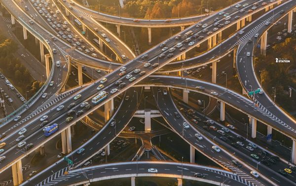 an aerial view of multiple lanes of traffic