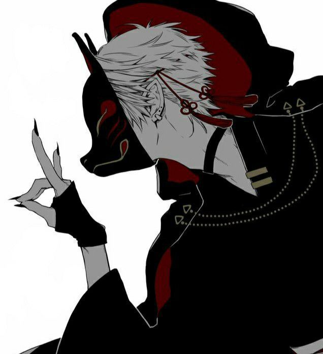 an anime character with white hair and black clothes holding his hand up to his face