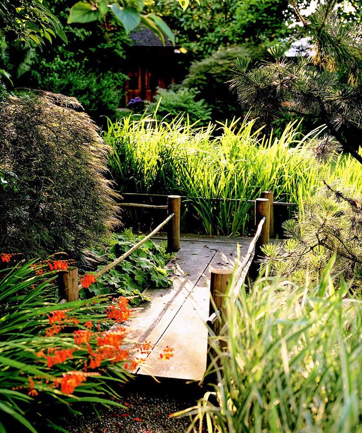 a wooden bridge surrounded by plants and flowers