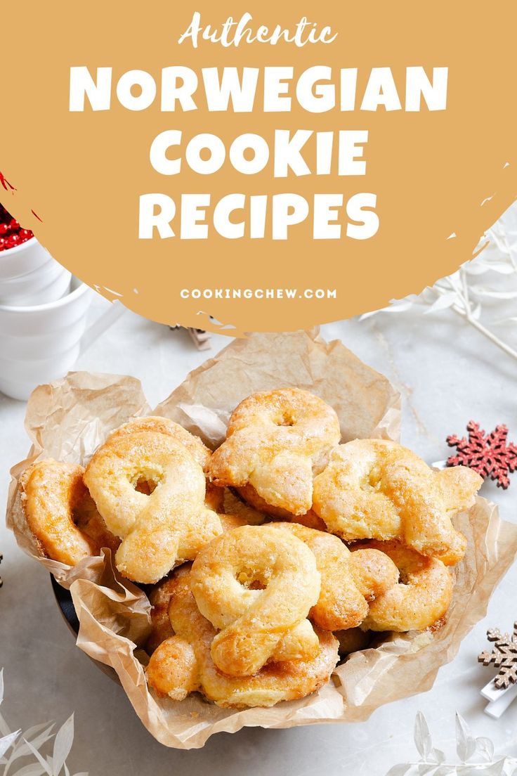 a bowl full of cookies with the words authentic norwegian cookie recipes on it and an orange overlay