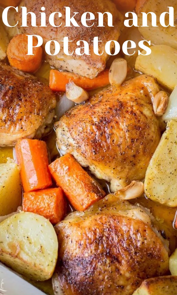 chicken, potatoes and carrots in a white casserole dish with the words 10 frugal dinners for when you're broke