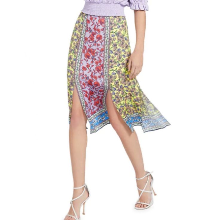 Alice + Olivia Athena Floral Midi Skirt New W/Tags Sold Out Retail: $350 Contrasting Flowers Are Everywhere On This Stunning Skirt With Beautiful Breezy Side Slits Size: 10 True To Size. If Between, Order One Size Up Color: Ditsy Border Lavender Multi Flower Print Crepe De Chine Sexy, Yet, Classy Slits Along Pleats (2 In Front, 2 In Back, 1 On Each Side) Hook & Zip Fastening At Back Non-Stretchy Lightweight Fabric Partially Lined 100% Viscose Pair W/ The Julius Top (Also For Sale) For A Sleek Lo Spring Midi Skirt With Side Slits, Spring Day Out Skirt With Side Slits, Summer Pencil Skirt With Split Design, Summer Asymmetrical Skirt With Side Slits, Spring Skirt With Side Slits For Day Out, Asymmetrical Skirt With Side Slits For Summer, Split Design Pencil Skirt For Summer, Spring Flowy Skirt With Side Slits, Spring Asymmetrical Skirt With Side Slits