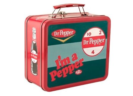 a red and green tin lunch box with dr pepper on the front, i'm a pepsi