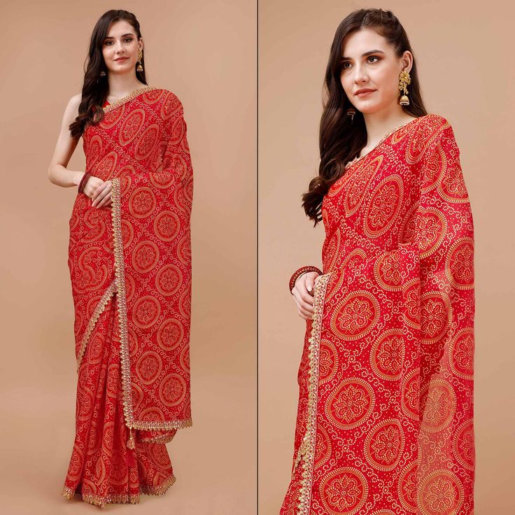 Red colored saree is prettified with beautiful bandhani printed with embroidered border work as shown which makes it appear classy. This saree is made of chiffon fabric which is accompanied with dola silk blouse piece which you can customise as per your design/style. Women can buy this saree to wear for their party and funcitons. Note:- The actual product may differ slightly in color and design from the one illustrated in the images when compared with computer or mobile scree Measurements: Saree : Chiffon : 5.5 Mtrs Blouse : Chiffon : 0.8 Mtr Material: Chiffon Stitch Type: Unstitched Country of Origin: India Care Guide: Dry Clean Festive Bandhani Print Georgette Pre-draped Saree, Bandhani Print Pre-draped Saree For Puja, Festival Georgette Pre-draped Saree With Border, Bollywood Style Red Pre-draped Saree With Printed Border, Traditional Georgette Blouse Piece With Printed Border, Festive Georgette Saree With Printed Border, Festive Bandhani Print Georgette Saree, Festive Georgette Saree With Bandhani Print, Diwali Pre-draped Saree In Georgette With Bandhani Print