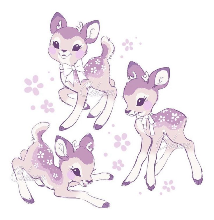 three baby deers in different poses on a white background with pink and purple flowers