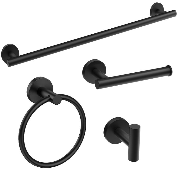 black bathroom accessories set with towel ring, toilet paper holder and wall mounted towel ring