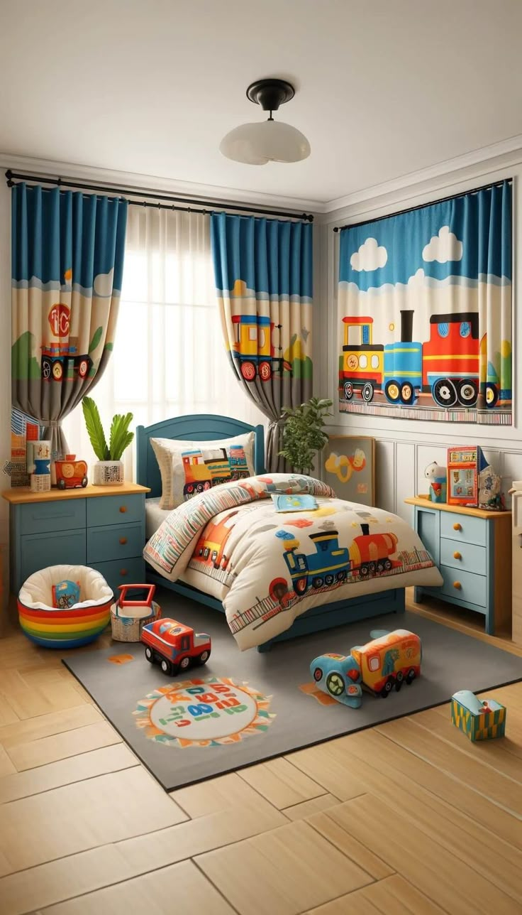 a child's bedroom with train themed decor