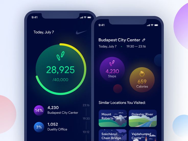 two smartphones showing the time and location of different locations in each city, with colorful circles around them