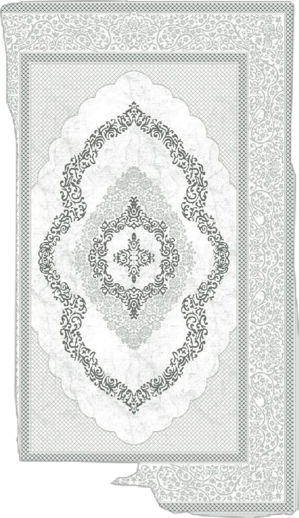 a white and gray rug with an intricate design on the bottom, in front of a white background