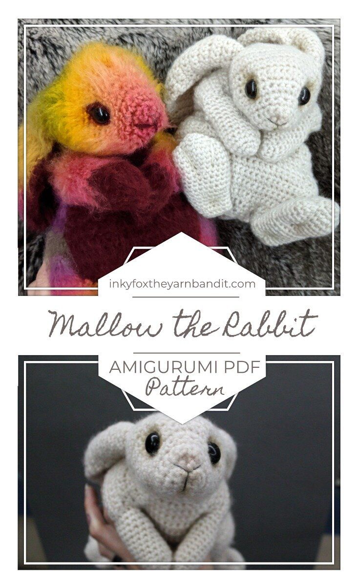 two stuffed animals made to look like they are holding each other in their hands with the caption, mellow the rabbit amigurmi pattern