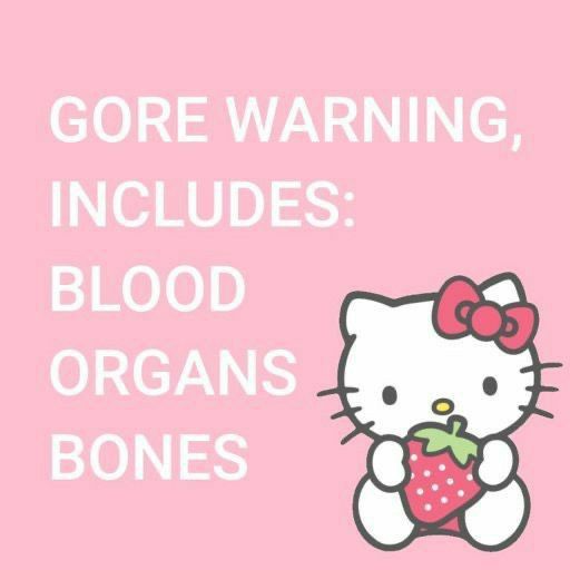 a hello kitty holding a strawberry with the words gore warning, includes blood organs bones