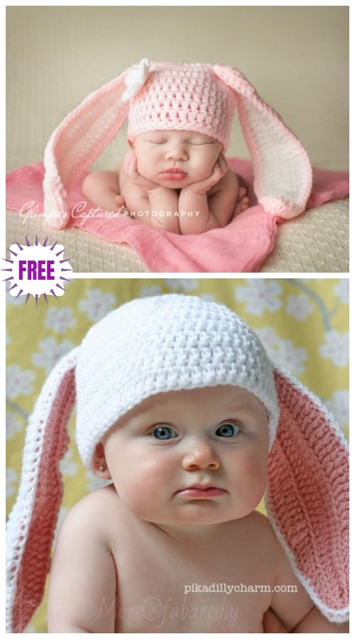 two pictures of babies wearing bunny ears and crocheted hats with the same pattern