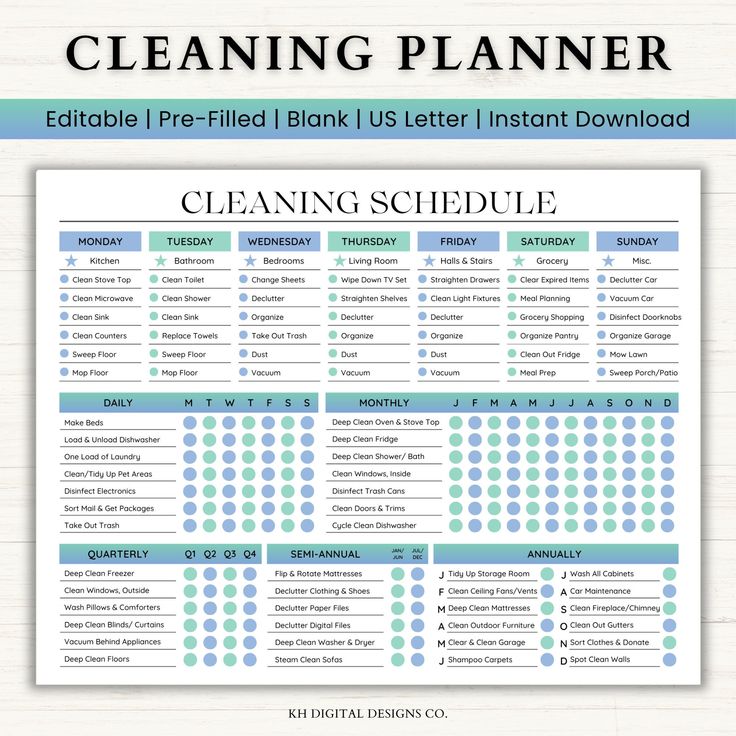 a cleaning schedule is shown with the words cleaning schedule written in blue and green on it