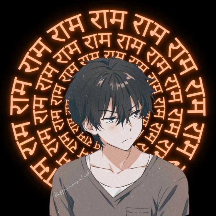 an anime character with black hair and blue eyes in front of a circular neon sign