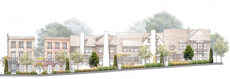 an artist's rendering of a row of townhouses with trees and bushes in the foreground