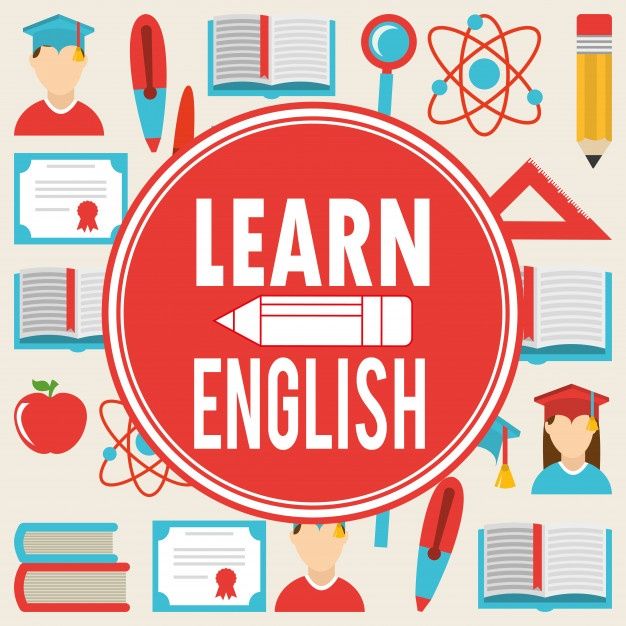 the words learn english surrounded by school supplies and education items, such as books, pencils