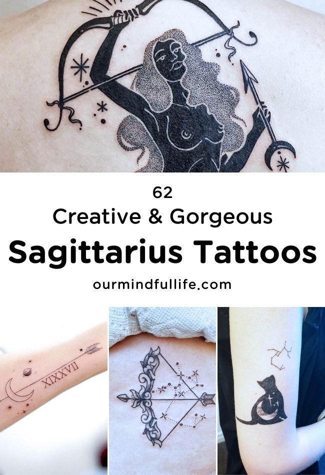 some tattoos that are on the back of someone's shoulder and arm, with text overlaying them reading creative & gorgeous sagitaruus tattoos