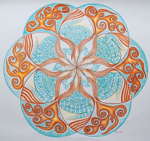 a drawing of an orange and blue flower with swirls in the center on white paper