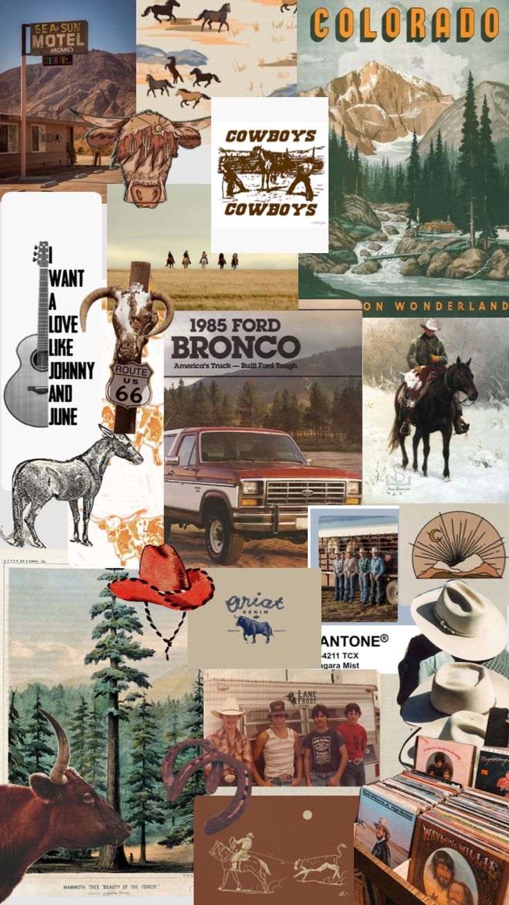 the collage has many different pictures and words on it, including an image of a cowboy