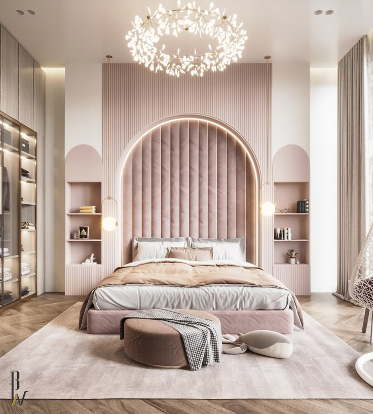 a bedroom with a large bed and pink walls