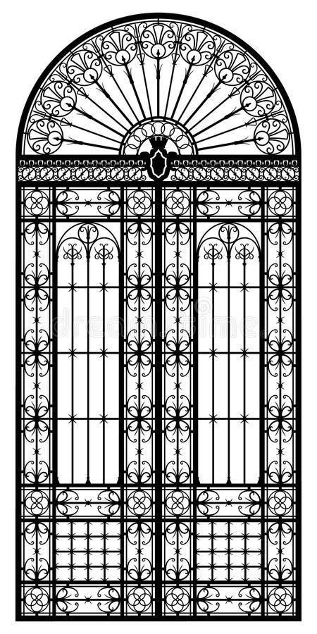 an ornate iron gate with arched glass and wrought bars on the top, vintage line drawing or engraving