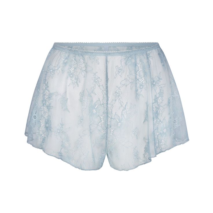 ULTRA FINE LACE TAP SHORT | DENIM Fitted Lace Trim Pajama Shorts, Stretch Bottoms With Delicate Lace In Short Length, Feminine Fitted Bottoms With Contrast Lace, Fitted Lace Bottoms For Daywear, Stretch Bottoms With Contrast Lace For Summer, Summer Bottoms With Stretch And Contrast Lace, Feminine Scalloped Lace Bottoms, Summer Bottoms With Contrast Lace And Stretch, Spring Bottoms With Contrast Lace And Stretch