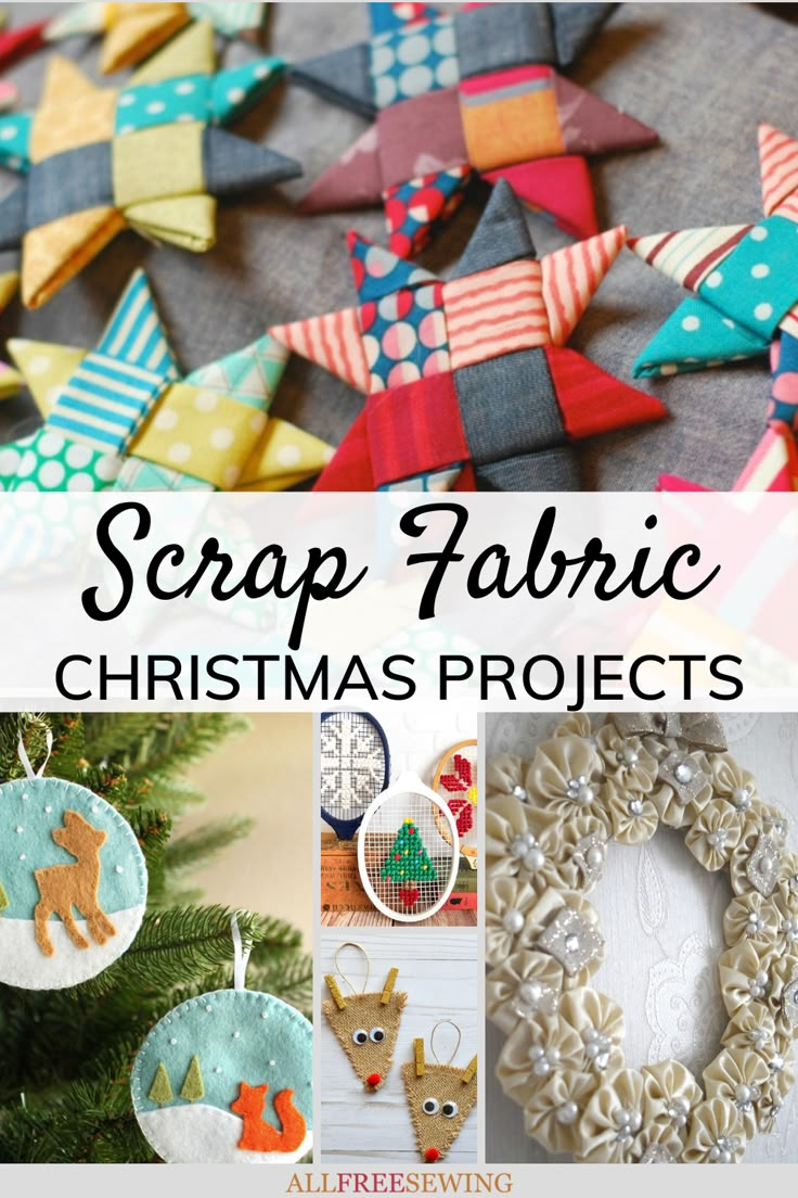 the cover of scrap fabric christmas projects, with pictures of ornaments and wreaths on it